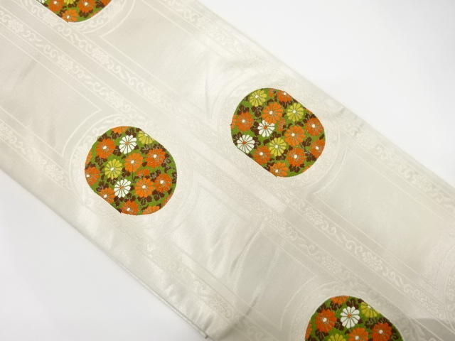 縞に花模様織出し袋帯